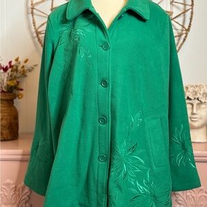 Women’s‎ Susan Graver XL Green fleece Button-Up Coat with Floral Embroidery